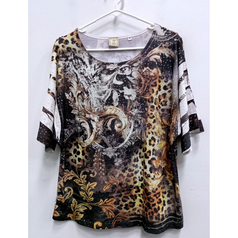 Jess & Jane Wearable Art Top Womens M Brown Animal Print Sequin Dolman Sleeve